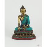  A Gilt-Bronze Nepalese Sculpture of Buddha with Tessellated Turquoise and Red Coral Cloisonné, c....