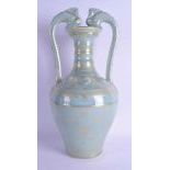 A MAGNIFICENT LARGE CHINESE TWIN HANDLED FINE GILT PAINTED CELADON AMPHORA VASE