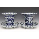 Pair Chinese Blue & Porcelain Jardenieres