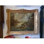 Beautiful French Painting with Clock & Music Box ca. 1870