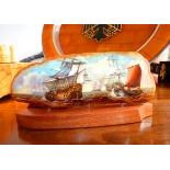Detailed Miniature Painting of a Sea Battle on a extraordinary big Slice of Baltic Amber