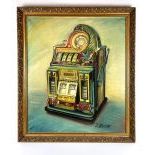 Framed J. Krivine Painting of Watling Rol-A-Top Slot Machine
