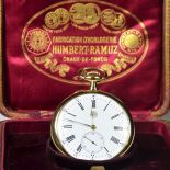  18 carat gold pocket watch. Signed Humbert Ramuz Chaux-de-Fonds, diameter 52 mm. Original box. Ca....