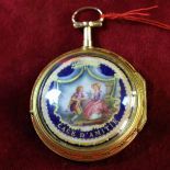  18ct gold pocket watch.3 colors. Enamel and pearls. Bell  strikes the quarters.  Diameter 55mm....