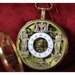  18ct gold pocket watch.  JACQUES MART  Quarter-hour repetition. Skeletal. Enamel medallion...