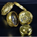  18ct gold pocket watch with double-case.Bell strikes quarter-hour.  18th century.  Diameter 50mm....