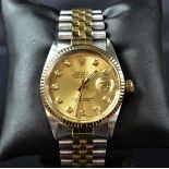  Two-tone automatic wristwatch ROLEX. Champagne tone clock face with diamonds. Ø 36mm. Revision...