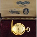  18 carat gold pocket watch with minute repeater. Signed Movado Grand Prix 1910. Original box and a...