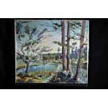 Oil on canvas Landscape with pond, signed A. Cattin. 66 x 76cm.