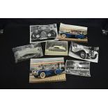 Collection of seven car photographs, partly black and white. Height   17,5, width 25,0 cm