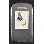  Omega display stand, with exchangeable motive, gold brand lettering, silver frame in Art Deco style....