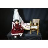  Foldable doll bed with canopy, as well as a doll high chair with a doll in elegant clothing. Doll ...