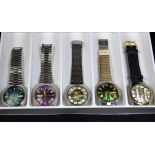 Box with 5 wristwatches.Automatic with double calendar.  New and unworn.