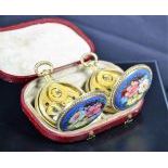  Real pair of enameled silver pocket watches with pearls. Double escapement, in original suitcase and...
