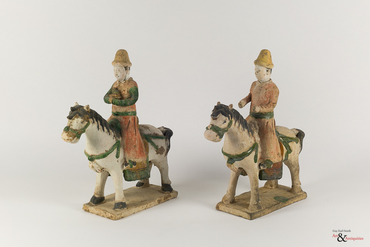 Two Sancai-Glazed Ming Dynasty Equestrian Form Pottery Sculptures, c. 1368-1644,