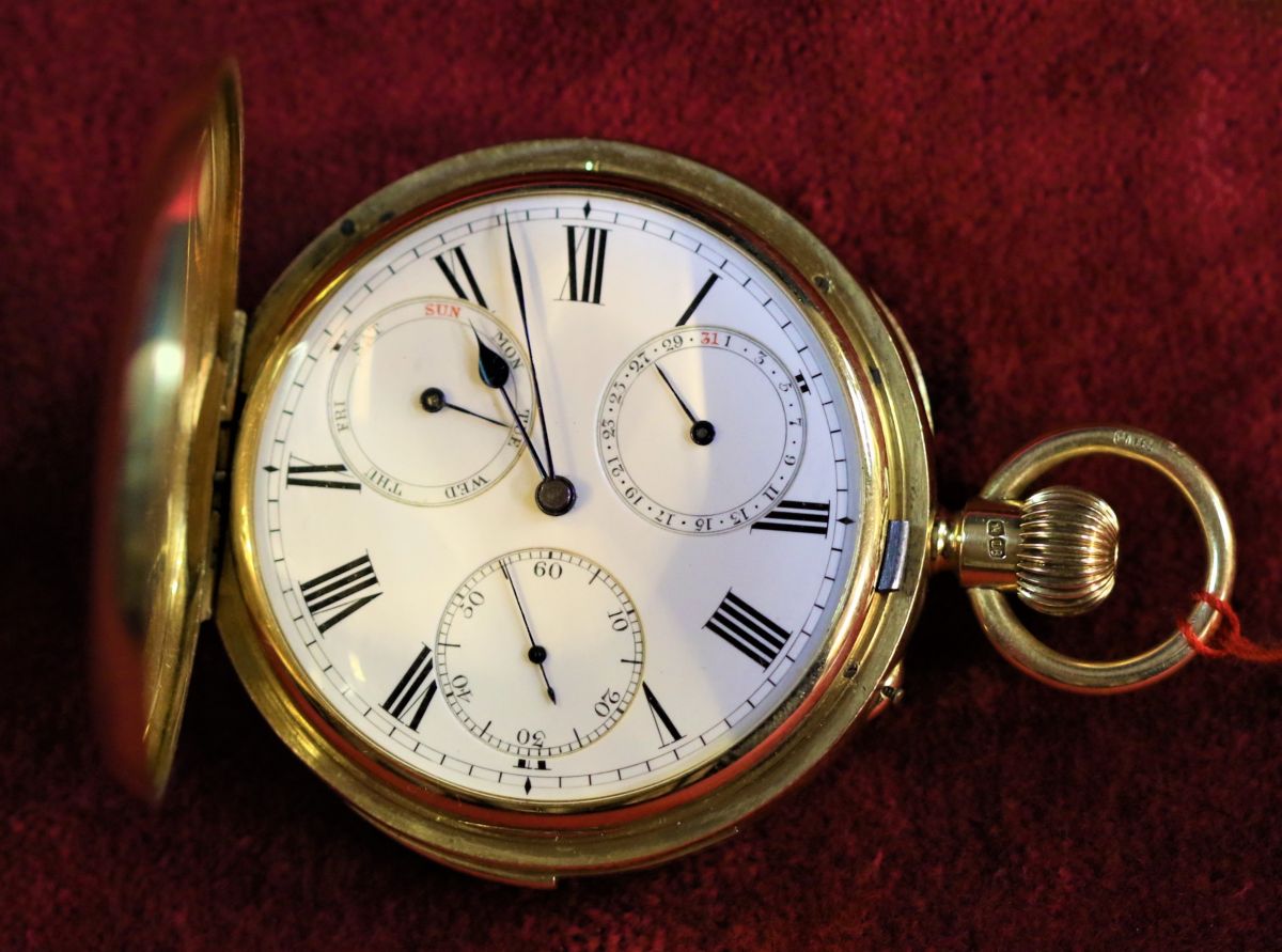  18ct gold savonette pocket watch. Minute repetition with double calendar. Signed Beaver Cross.No....