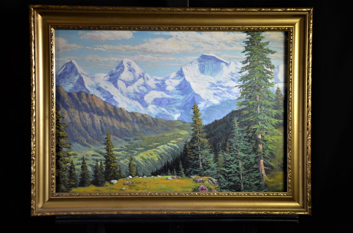 Oil on board mountain masiff, signed Zumbach. 53 x 73cm.