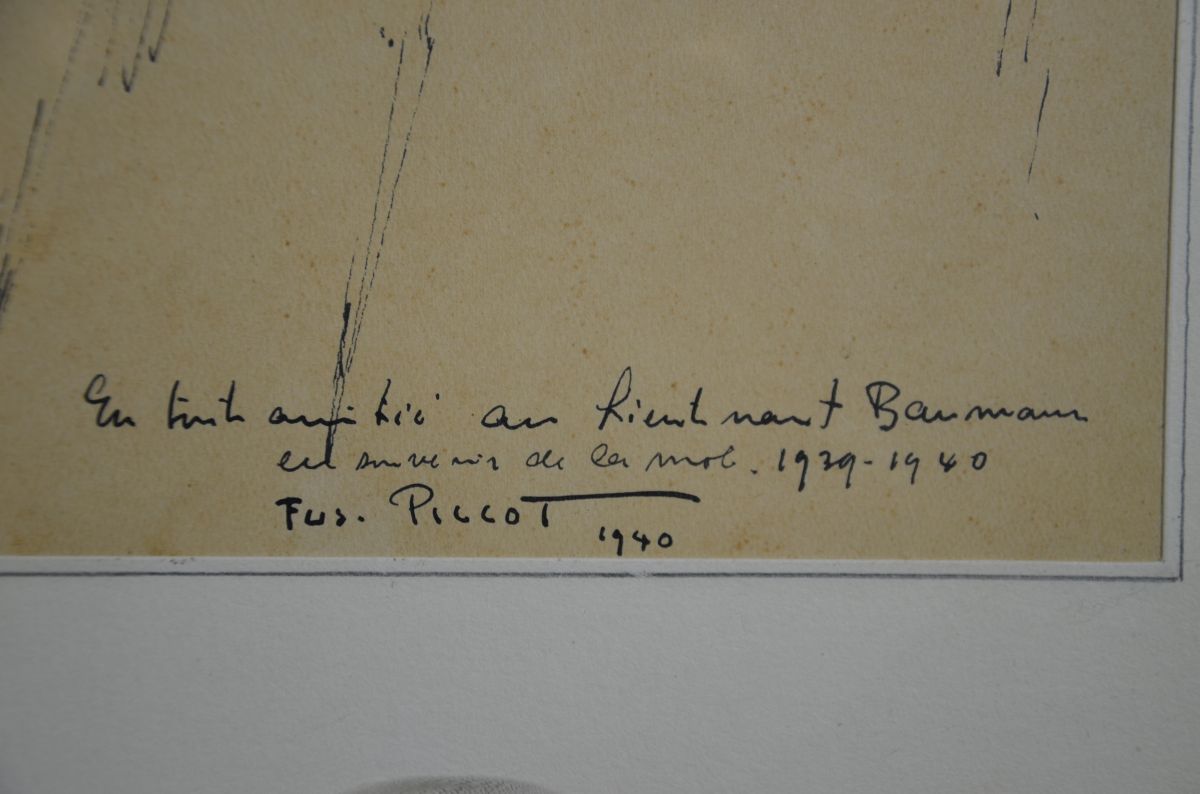 Ink drawing Souvenir de Mobilisation, signed Piccot 1940. 77 x 58cm.