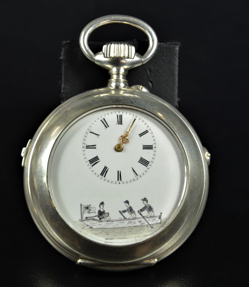  Silver pocket watch. Plays music on request and on the way. Dial painted on enamel, Ø 60mm. Perfect...