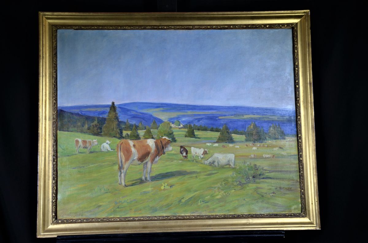 Painting oil on canvas Landscape with cows, signed. 68 x 84cm.