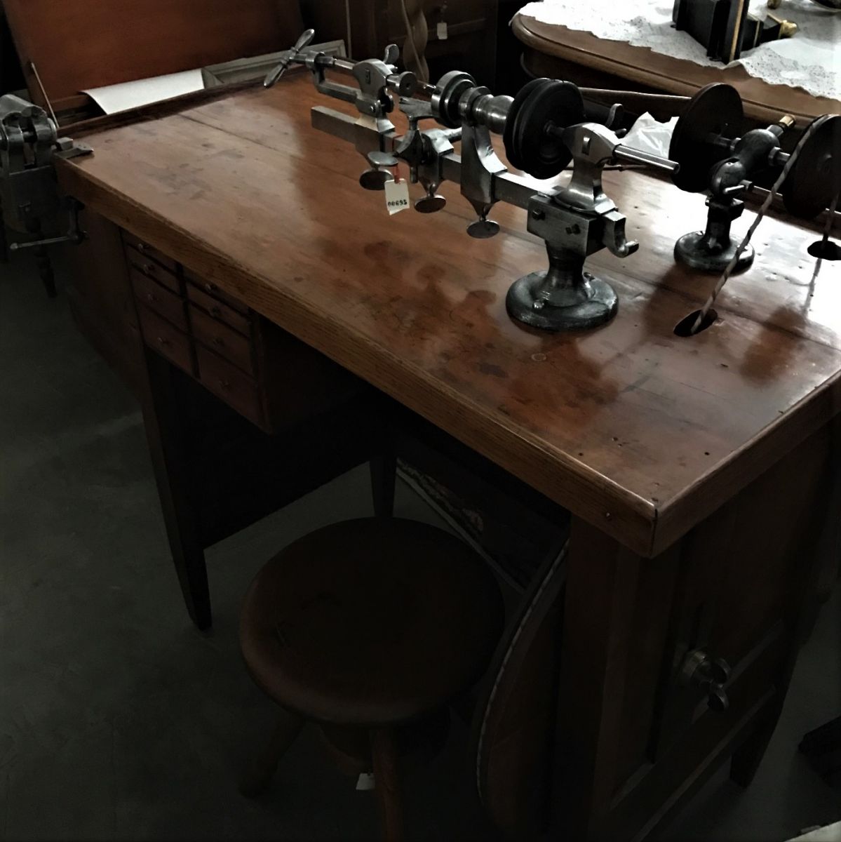 Very beautiful watchmaker work bench made of iron. Functions with pedal drive over wooden wheel.