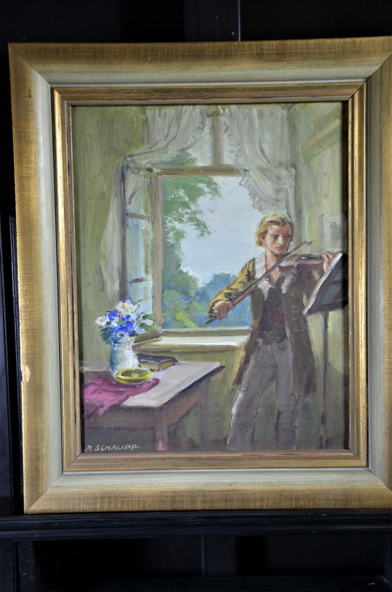 R. Schaupp, 1871 - 1954, oil on canvas  violinist. 44 x 33cm.