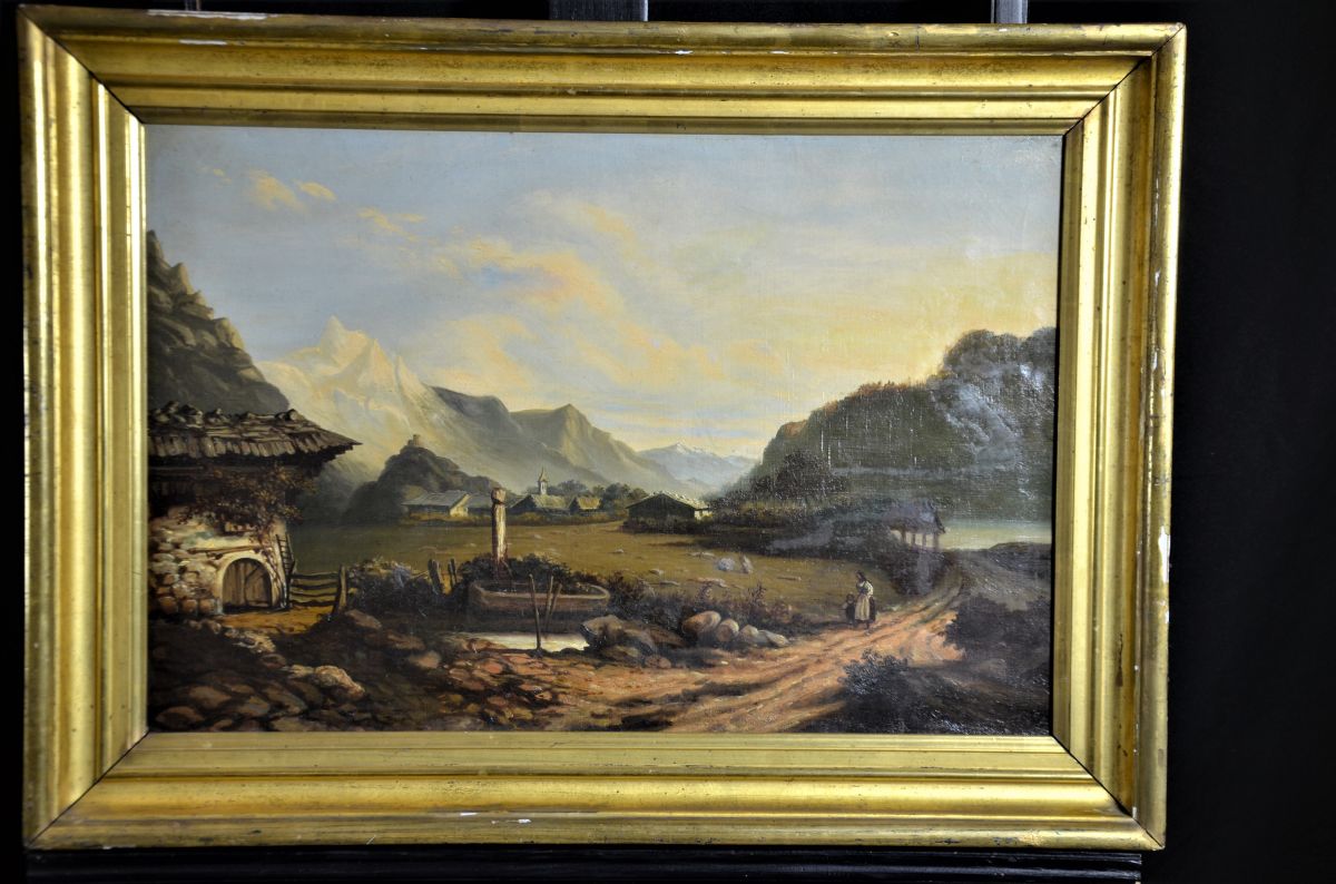 Oil on canvas Mountain landscape with ruines . 62 x 44cm.