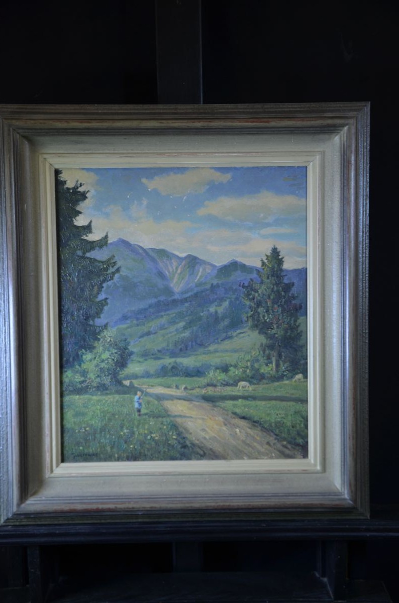 Oil on cardboard Shepherd in Mountain landscape, signed Gottfried Lüscher 1881 - 1976. 48 x 39cm.