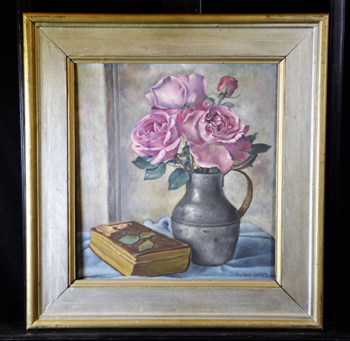 Oil on canvas Roses in vase, signed Guido Lucca, 1936. 42 x 37cm.