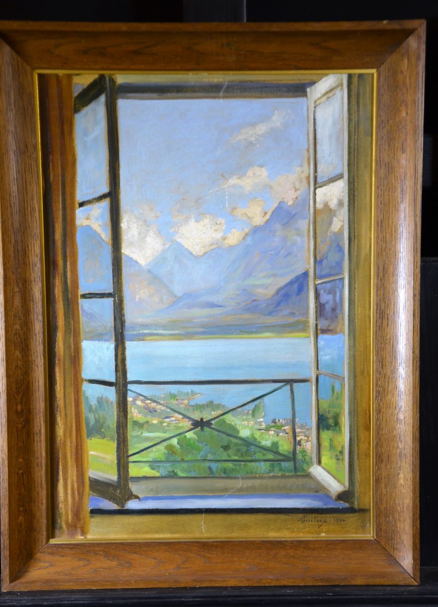 Oil on cardboard View of the lake and the mountains, signed J. Grétaux, 1934. 53 x 38cm.
