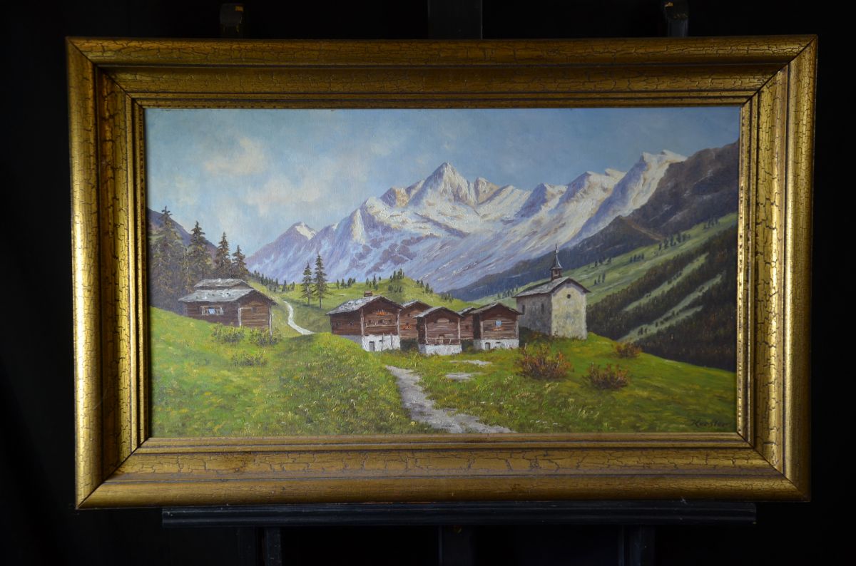 Oil on canvas Mountain village, signed Kerster. 43 x 77cm.