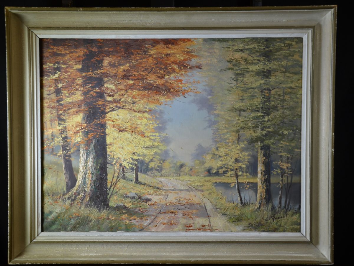Oil on canvas Under the trees, signed E. Rossel. 60 x 78cm.