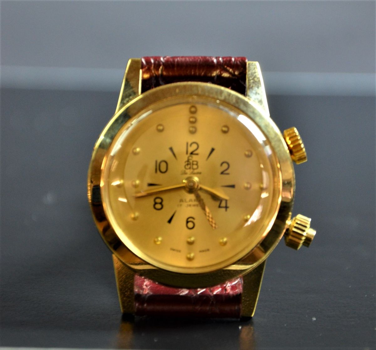 Gilded wristwatch with alarm clock for blind person. Manual winding. New old stock.