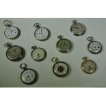 Box with 10 pocket watches, four of which silver