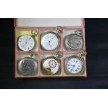  Box with six pocket watches, one of which a chronograph. One silver key, one Hebdomas, one Roskopf,...