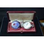  Box with a pair of pocket watches in 925 silver and enamel, manufactured for the Chinese market....