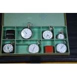  Box with 8 watches, one of which, Ermeto, Movado, Roskopf. One meter and three silver pocket...