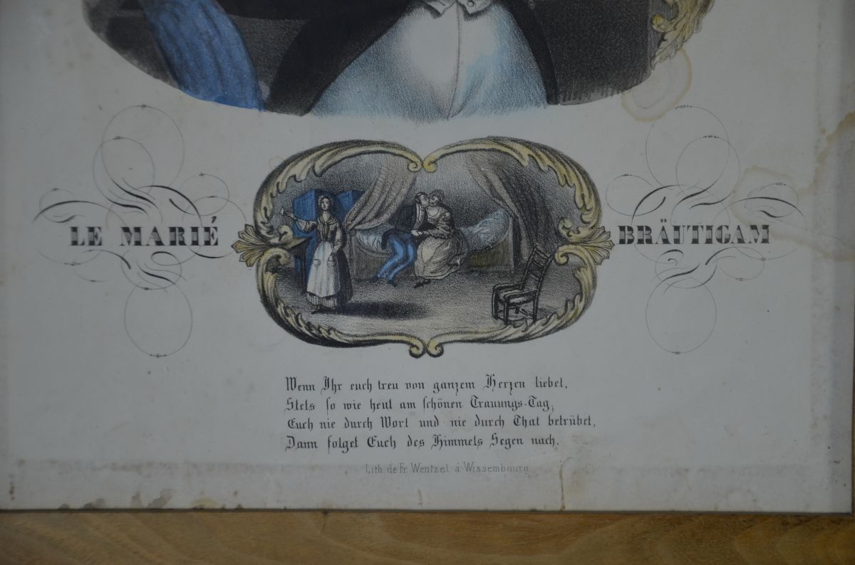  La Mairie Bräutigam, wedding vow framed under glass, old colored lithography, height   38,0, width...