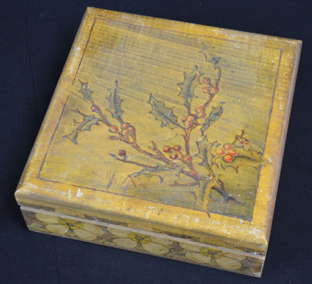  Wooden box with pressed ornaments in the fashion of poker work, colored. Height   7,5, width   20,0,...