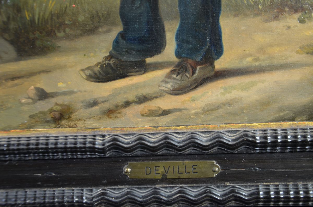 Huile sur carton, marquée sur cadre DEVILLE, Garçon porteur de tourbe, 49 x 38cm.