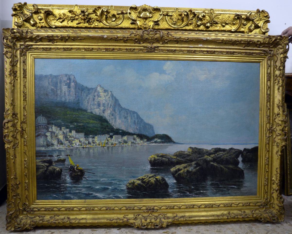  Oil on canvas Italian village by the sea, signed at the bottom middle, by Antonino Leto, 1844 -...