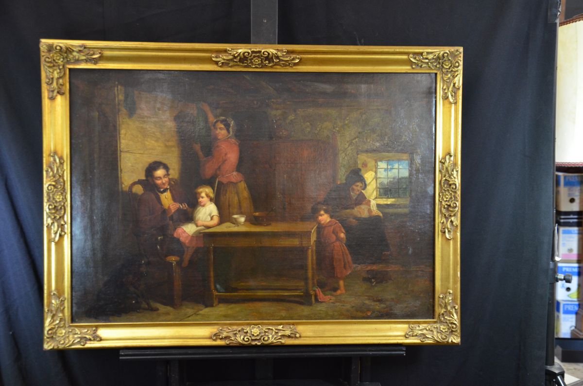 Oil on canvas Family scene and grandfather with watch, unsigned. 19. Century 68 x 96cm.