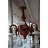 Wooden hanging lamp with six lights with satined fixture glass, height   64,0 cm, probably...