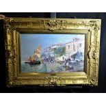  Oil on canvas  Mediterranean street scene at the shore, signed R. Wagner. Under glass in extensive...