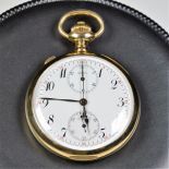  18ct gold. pocket watch. Rattrapante chronograph. Agassiz signed, Nr.254816. Enameled clock face....