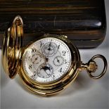  18 carat gold Savonette pocket watch. Minute repeater. Double chronograph and ongoing calendar....
