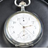  900 silver pocket watch OMEGA. Enameled clock face. Chronograph. Seconds in the middle and counter...