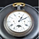  Brown metal pocket watch with full calendar and moon phase. Thickness of 66mm. Enameled clock face....