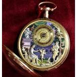  Fantastic rose gold pocket watch JACQUEMART with music and automation. Enameled clock face and...