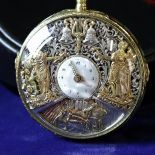  Fantastic pocket watch in gold and enamel. Quarter hour repetition with music. JACQUES MARS....